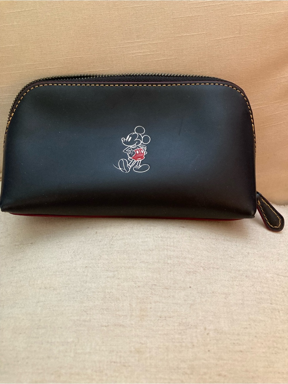 Coach Black Leather Mickey Mouse Cosmetic Pouch with Red Accent